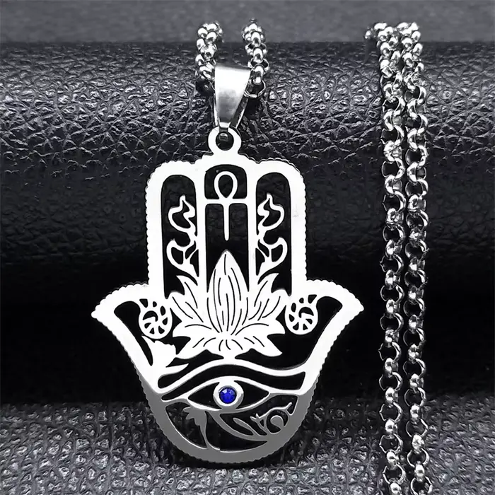 Collier Hamsa Main de Fatima Annie Fleur Oeil d'Horus pour Femme, Acier Inoxydable, Document Argent,