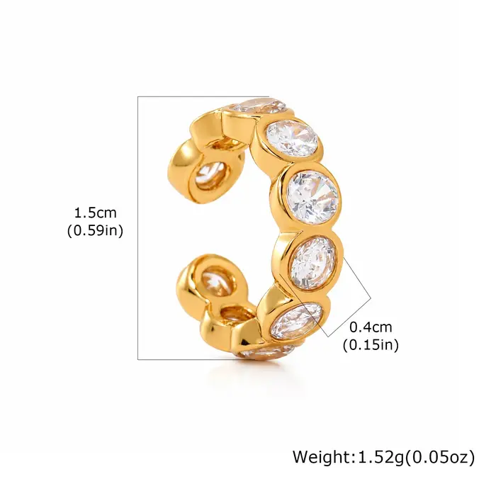 Manchette d'oreille en forme de C épaisse en zircon cubique, plaquée or 18 carats en acier inoxydabl