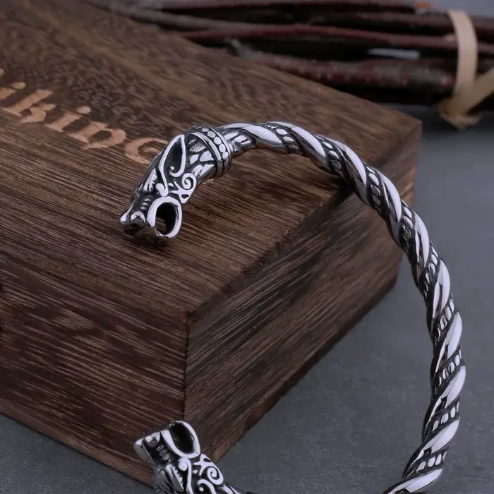 Bracelet Dragon nordique Viking en acier inoxydable pour hommes, manchette avec boîte en bois Viking