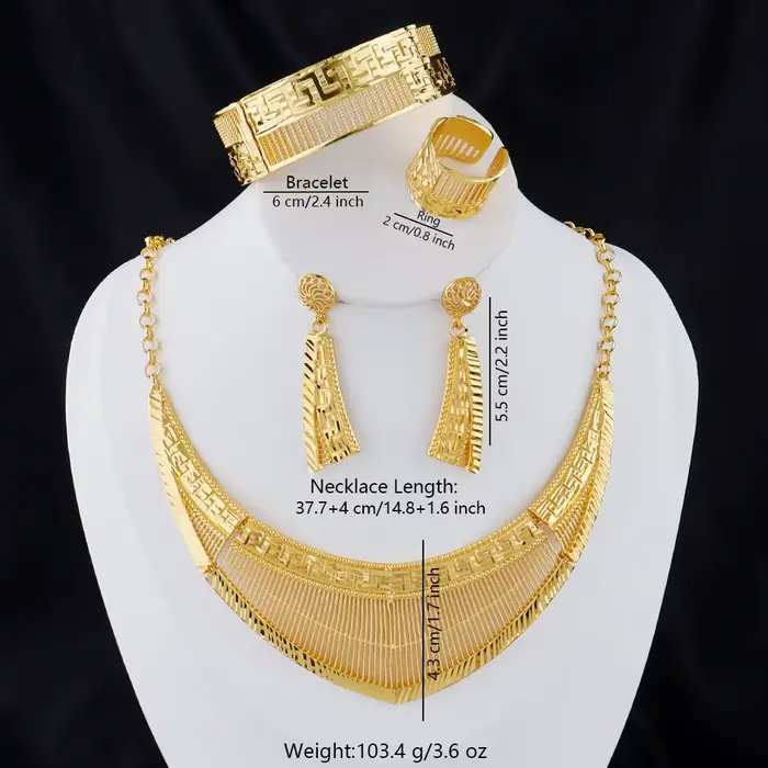 Ensemble de bijoux de luxe en or 24 carats pour femmes, collier, boucles d'oreilles, bracelet, bague