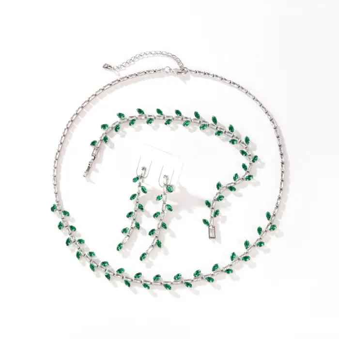 Parure de bijoux de mariage élégante pour femme, avec feuilles en zircon cubique vert et blanc, coll