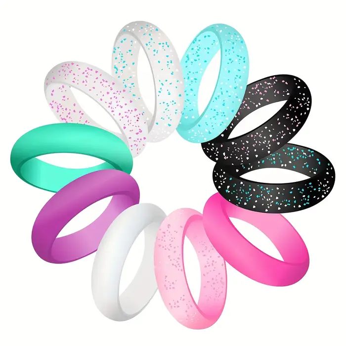 Lot de 10 bagues en silicone colorées pour elle, 5,5 mm de large, alliances en caoutchouc pour femme