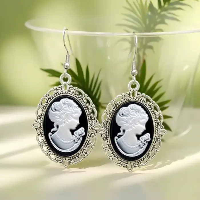 Vintage ovale femme camée boucles d'oreilles européen classique argent plaqué boucles d'oreilles pou