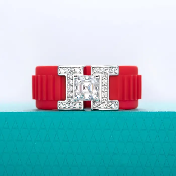 AnuJewel Bague en silicone incrustée de moissanite Asscher 5,5x5,5 mm, en argent sterling 925, ajust