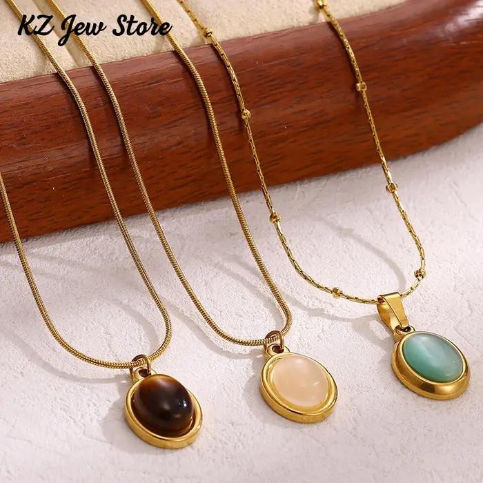 Collier Vintage en pierre marron élégant pour femmes, bijou de fête en acier inoxydable, cadeau pour occasions spéciales comme anniversaire, mariage, fiançailles