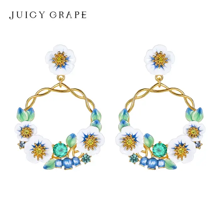 Boucles d'oreilles couronne de myrtille fleur émaillée plaquées or 18 carats bijoux pour femmes occasions spéciales cadeau anniversaire