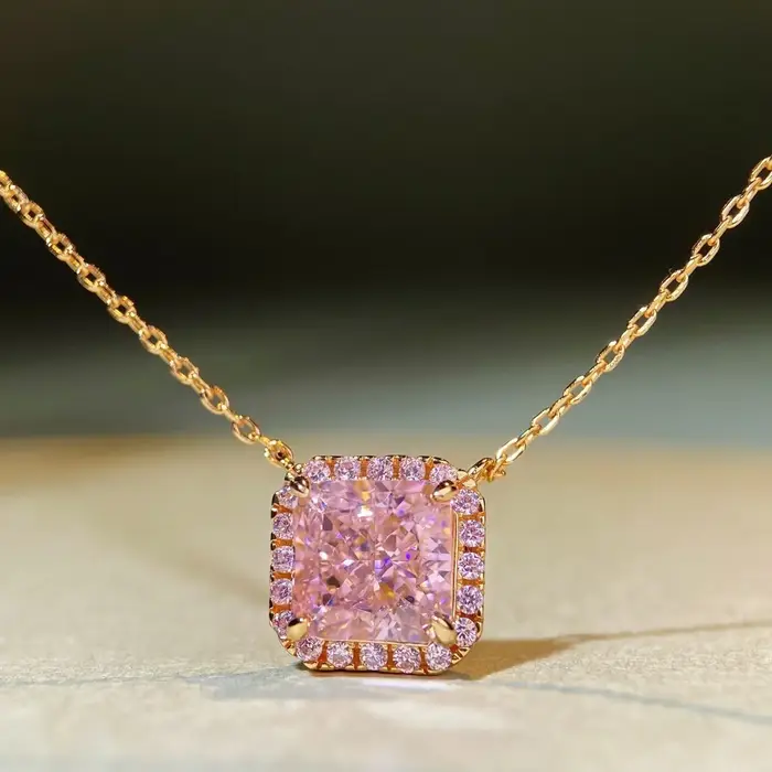 Collier en argent sterling S925 avec diamant rose pour femme, plaqué or champagne 18 carats, pendent