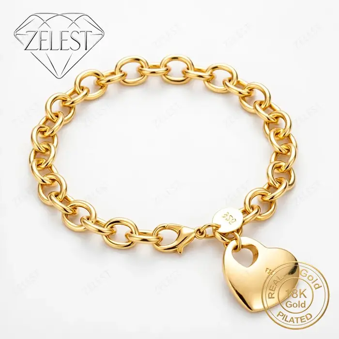 Bracelet en argent sterling 925 plaqué or 18 carats de 8 pouces, exquis et brillant en forme de cœur