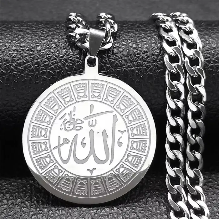 Collier Hip Hop en acier inoxydable pendentif rond Allah arabe pour homme et femme