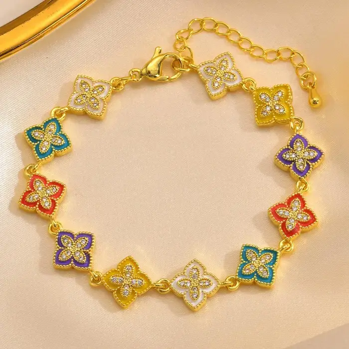 Bracelet trèfle à quatre feuilles élégant en cuivre doré pour femmes cadeau amitié anniversaire fiançailles