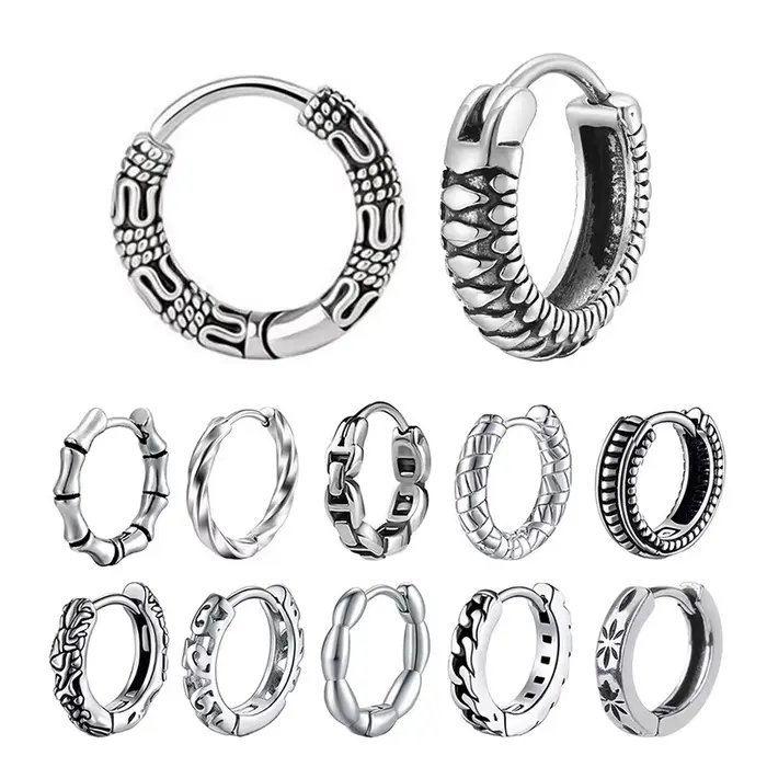 1 Paire de Petites Boucles d'Oreilles Créoles Rondes Multi-Styles Inoxydables pour Hommes et Femmes, en Acier Inoxydable, Style Gothique Rétro, Bijoux d'Oreille