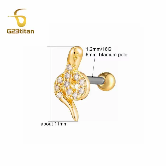 Lot de 2 clous d'oreille en titane 16G avec zircon cubique, motif serpent, pour piercing hélix, lobe