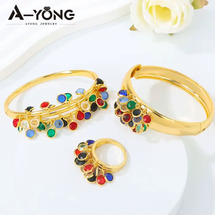 Parure de bijoux de mariage musulmane arabe plaqué or 21 carats avec zircone colorée, bracelets et bague, bijoux exotiques vintage pour femmes algériennes
