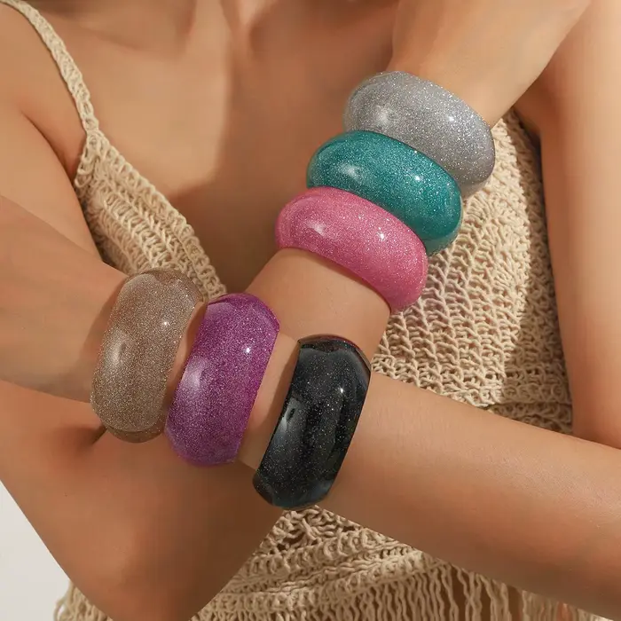 Bracelet à manchette large en acrylique à paillettes colorées pour femmes, rétro, rond en résine, ouvert, à la mode, empilable, bijoux cadeaux