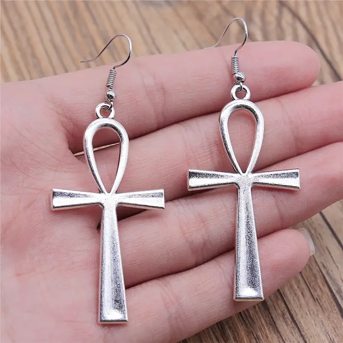Vintage 2 couleurs 52x28mm Ankh croix breloques boucles d'oreilles mode à la main femmes boucle d'oreille