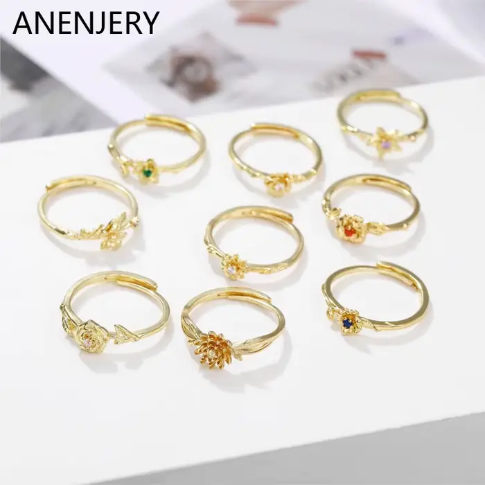 Bague Fleur Anenjery bijou floral hypoallergénique pour femmes occasions spéciales cadeau d'anniversaire ajustable en cuivre zircone cubique