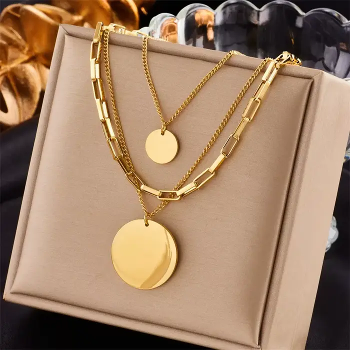 DIEYURO 316L acier inoxydable couleur or 3in1 pendentif rond collier pour femmes mode filles multico