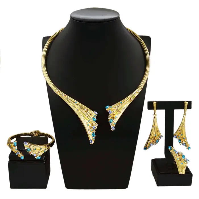 Ensemble de bijoux plaqués or pour femmes, dubaï, collier de luxe en pierre bleue, Bracelet, bague,