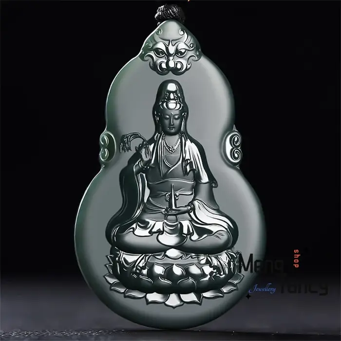 Jade vert Hetian naturel, gourde Fine, pendentif gardien de bouddha Guanyin, gravure Double face, bi