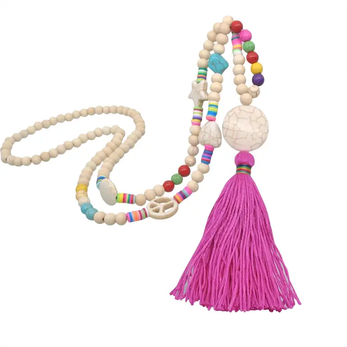 Long collier à pampilles de perles en bois pour femmes, accessoire de robe de plage d'été bohème, ch