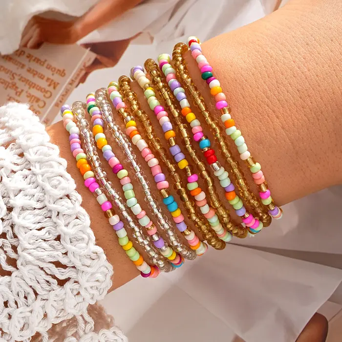 Bracelets bohème colorés élastiques en perles de riz pour femmes, ensembles de Bracelets en cristal 