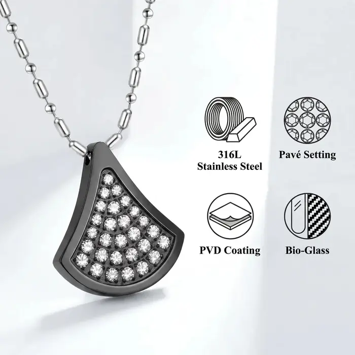 Collier pendentif éventail en acier inoxydable 316L plaqué PVD noir, incrustation pavé CZ, fibre de 