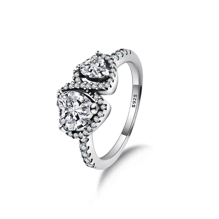 Bague de cocktail élégante en forme de double cœur plaqué argent, bijoux fins multi-pierres brillant