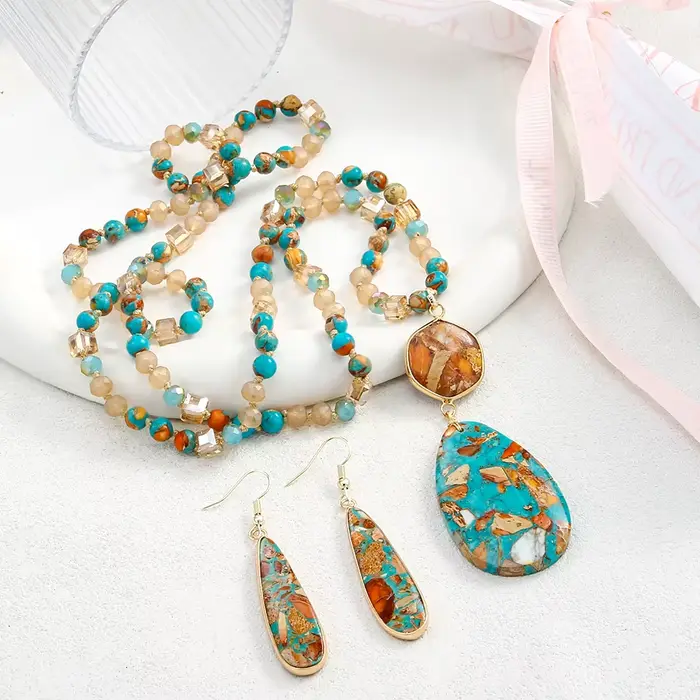 Mode bohème femmes bijoux 6mm pierre naturelle cristal verre noeud collier géométrique empereur pierre pendentif collier boucles d'oreilles
