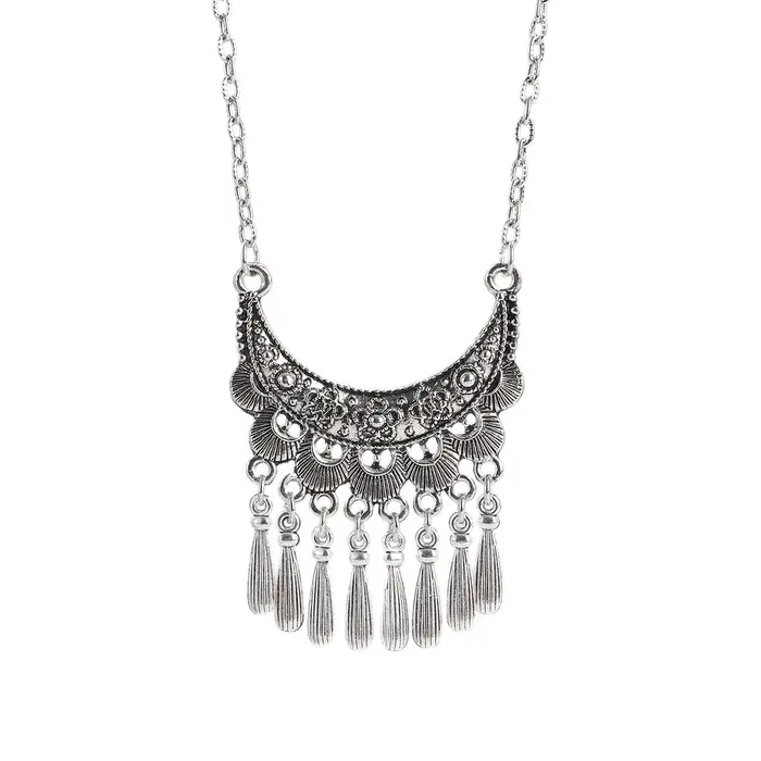 Collier ethnique tibétain avec pompon en argent pour femme