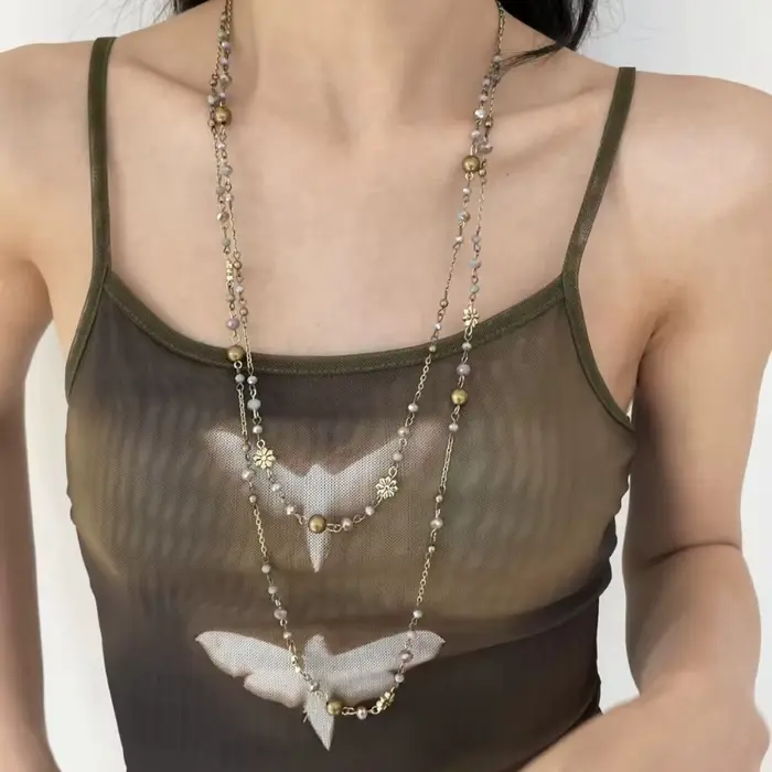 Collier bohème à fleurs Double couche, longue chaîne de pull perlée, Style Y2K, collier géométrique 
