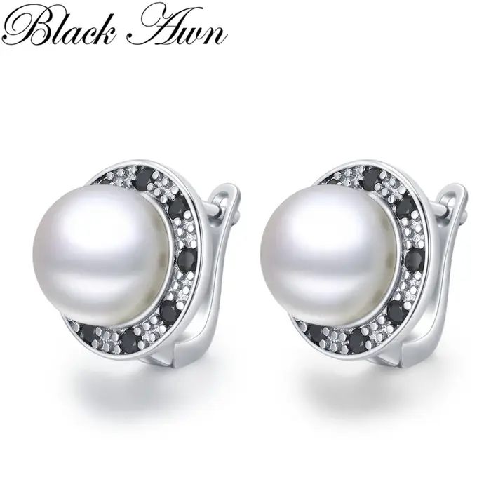 Boucles d'oreilles créoles rondes en perles noires Awn 2026 pour femmes, couleur argent classique, b