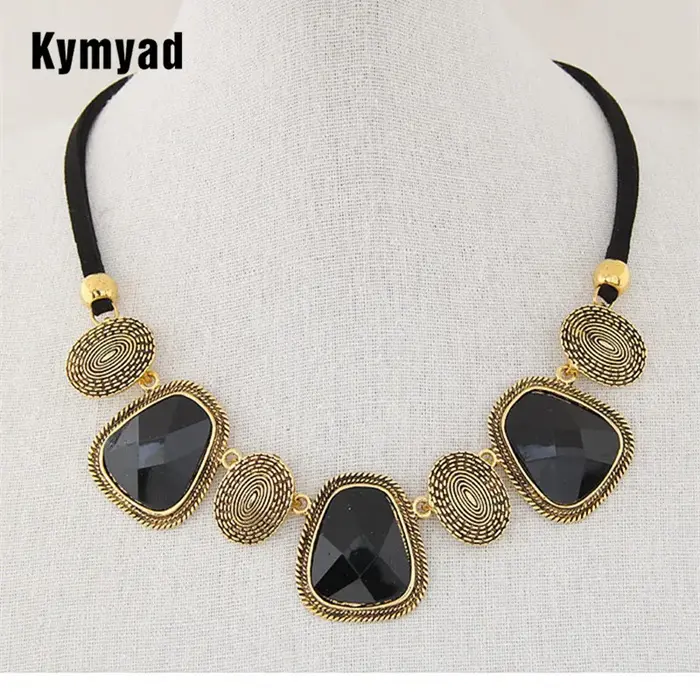 Collier Femme Rétro Bijoux Corde Noire Chaîne Ras Du Cou Pendentif Résine Pierre Géométrique Occasions Spéciales