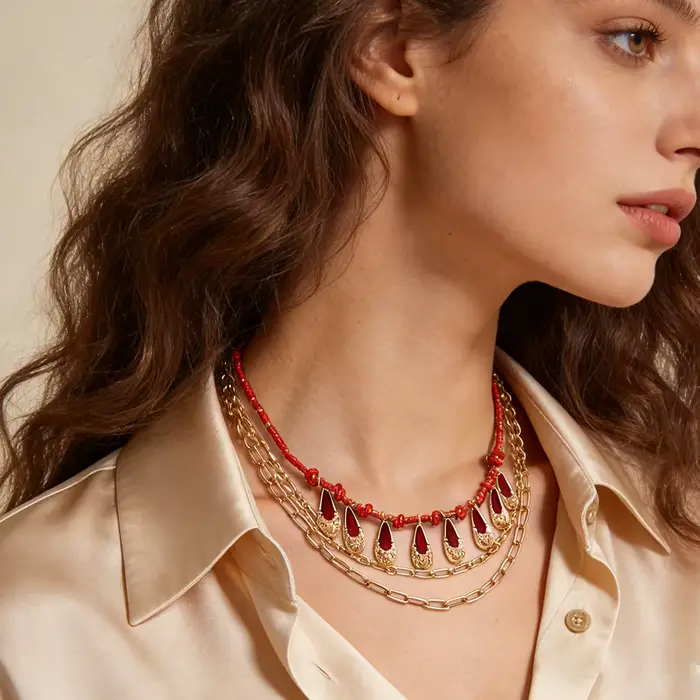 Collier en résine vert rouge avec breloques en forme de goutte pour femmes brunchs dates soirées tenues décontractées et élégantes