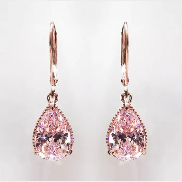 Boucles d'oreilles pendantes en quartz rose naturel pour femme, or rose 18 carats, mode romantique, 