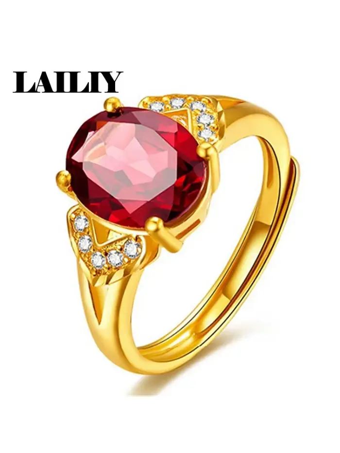 LAILIY Bague ajustable en argent sterling 925 plaqué or 18 carats avec rubis pour femme, bijoux tend