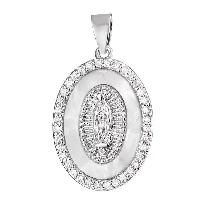 Charm Sainte Vierge Marie plaqué or 18 carats perle coquille émail zircone cubique pour femmes occasions religieuses