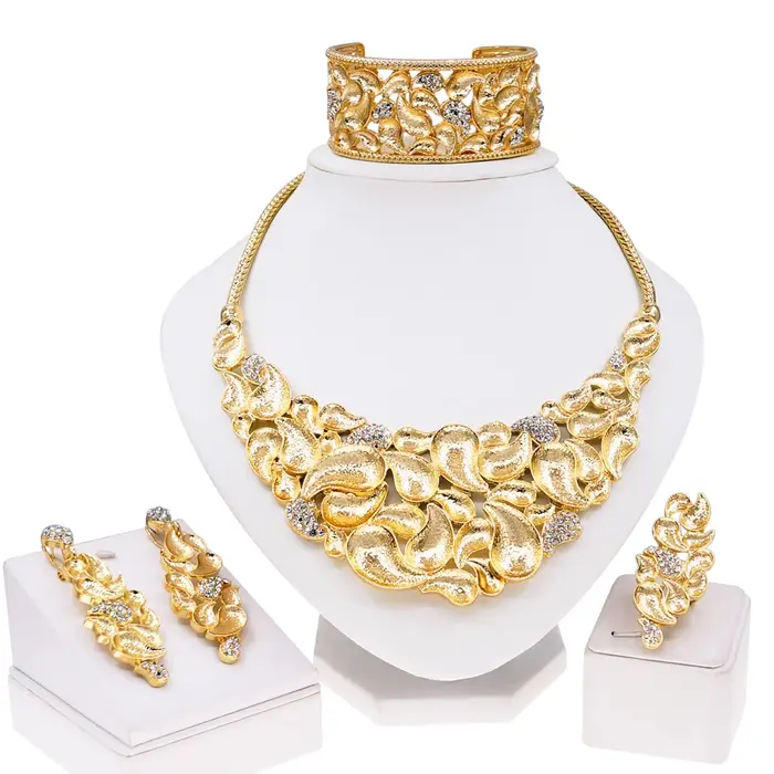Ensemble de bijoux plaqués or pour femmes, collier de mariage de luxe, boucles d'oreilles et bracele