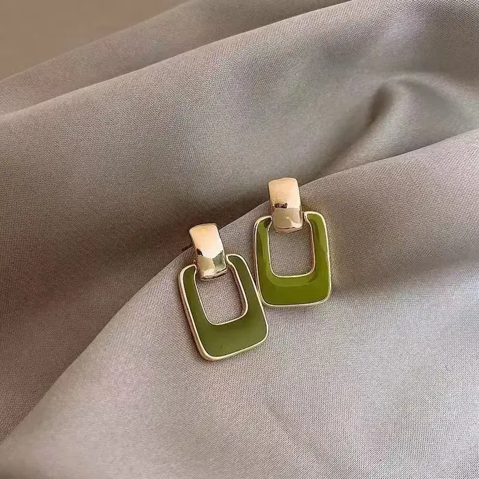 Boucles d'Oreilles Géométriques Vertes pour Femmes, Vintage, Carillon Élégant, Petit, Mignon, Carré,