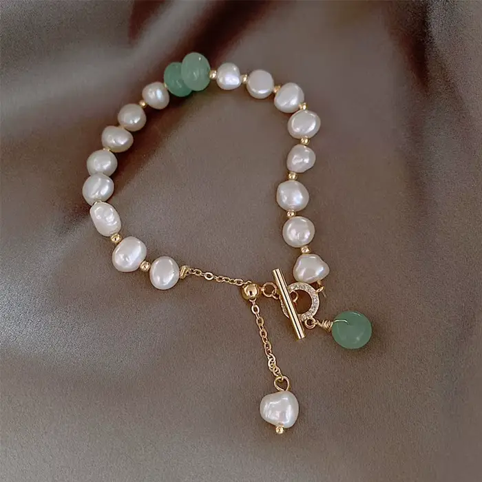 Promotion bijoux pour femmes 14K or rempli naturel perle d'eau douce et pierre de Jade dames bracelet à breloques cadeaux ne se décolore pas