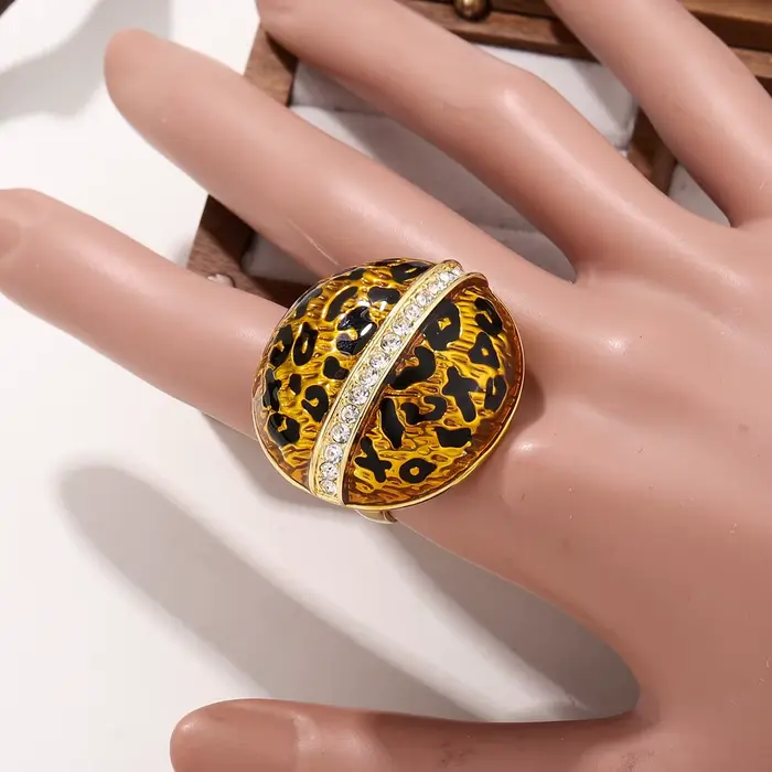 Bague large tendance à imprimé léopard pour femme, bijou de doigt de luxe plaqué or incrusté de stra
