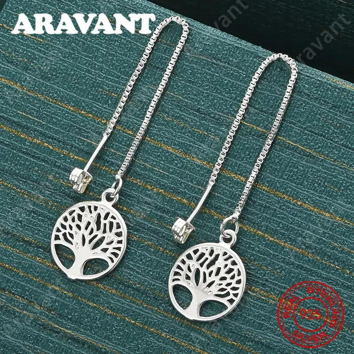 Boucles d'oreilles longues avec pendentif arbre de vie en argent sterling 925, accessoires de déplac