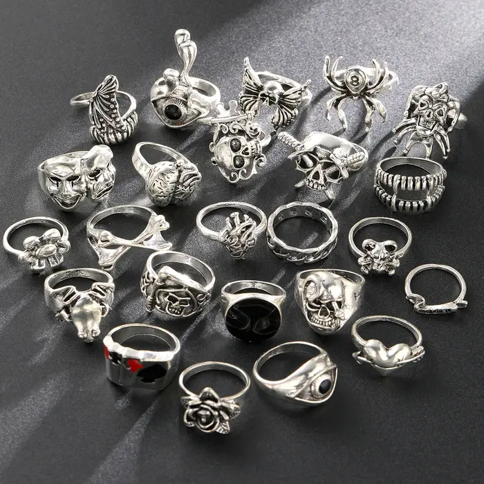 24 pièces gothique squelette unisexe ensemble de bagues Punk Grunge papillon grenouille femme homme bijoux Hip Hop fête rue anneau accessoires cadeau