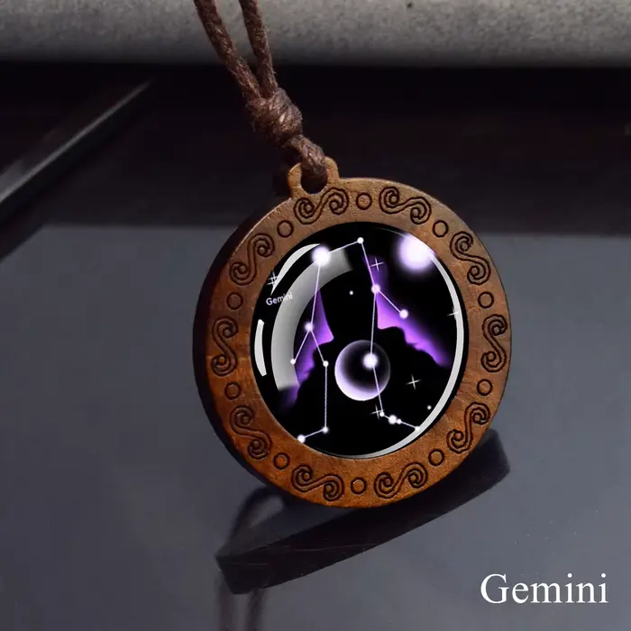 Collier pendentif en bois de verre rond du zodiaque