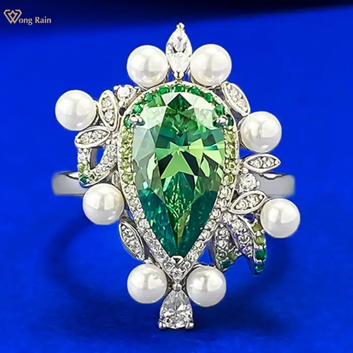 Wong Rain 925 en argent Sterling poire coupe 7*13 MM émeraude haute teneur en carbone diamant gemme bague de fiançailles de mariage pour les femmes bijoux fins