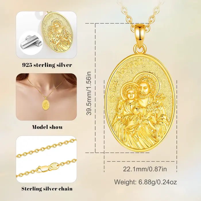 Collier Eudora Saint Joseph en argent sterling 925 plaqué or 18 carats pendentif médaille prière bijou religieux cadeau pour homme et femme occasions spéciales