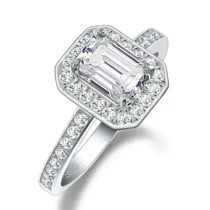 Bague de fiançailles LinkerLove en argent S925 avec moissanite taille émeraude 1 carat et halo de pi