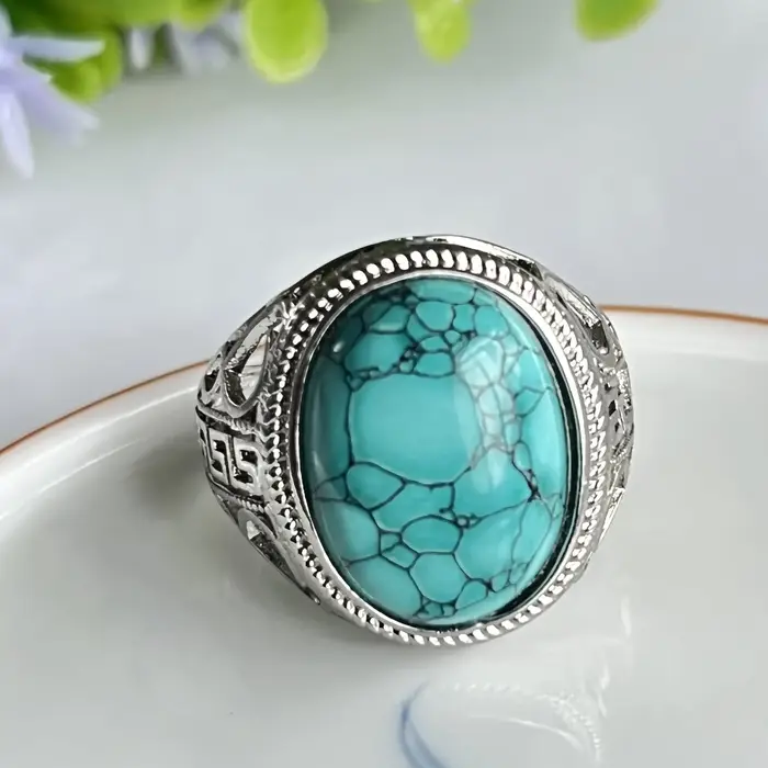 Bague en turquoise naturelle réglable pour homme et femme bijou vintage design rétro pour occasions spéciales et fêtes