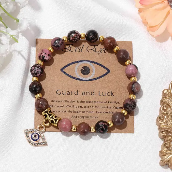 Bijoux porte-bonheur en pierre naturelle, perles rondes en or, Bracelet énergétique de Yoga avec diamant noir brillant, breloques œil du diable, chaîne à main