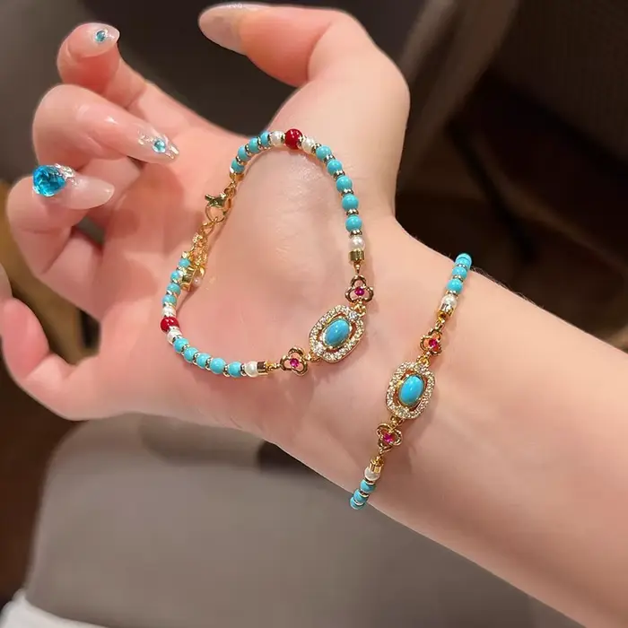 Bracelet en plaquage argent serti de perles turquoises et zirconium pour femmes occasions spéciales engagement mariage soirée de gala