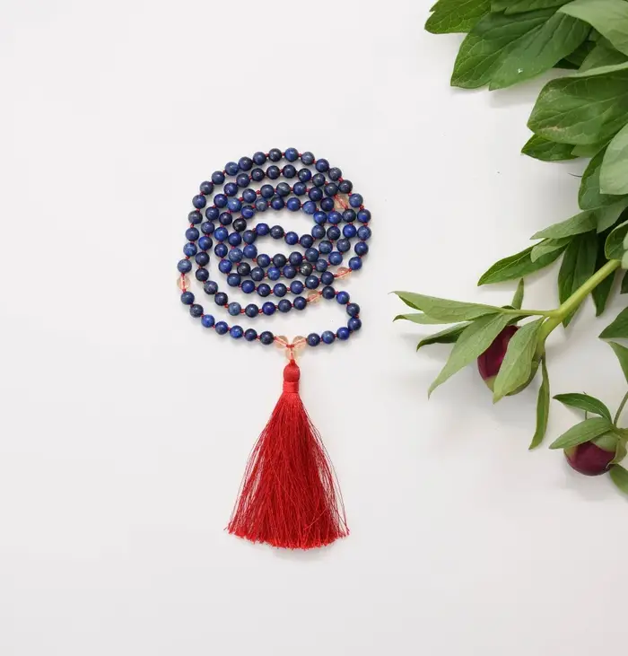Collier Mala en Lapis Lazuli avec Quartz Jaune, Bijoux Boho, Perles de Méditation, Prière Bouddhiste